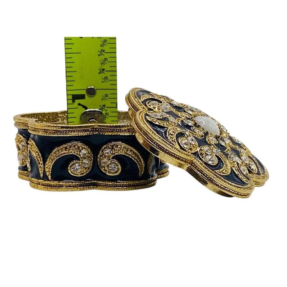 Vintage Swirled Enameled Metal Jeweled Trinket Pill Lidded Box Gold Black Beige